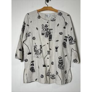 Hot Cotton Tribal Linen Blend Top Size Medium 3/4 Sleeve Lagenlook Earthy Artsy